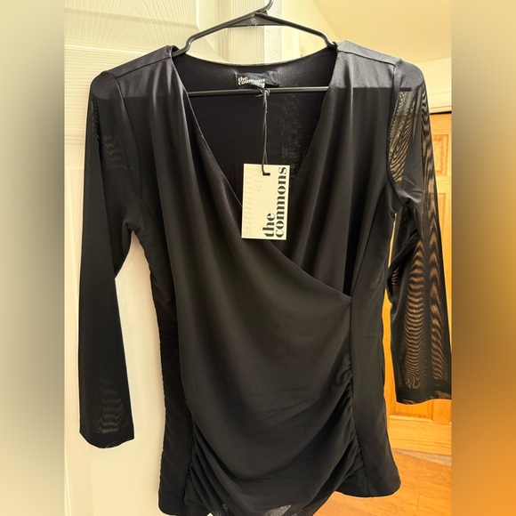 Black Mock-wrap Bodycon Blouse for Night Out - Picture 1 of 6
